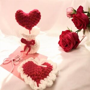 Handmade Crochet Heart Vase + Matching Heart Keychain Set | Valentine Decor